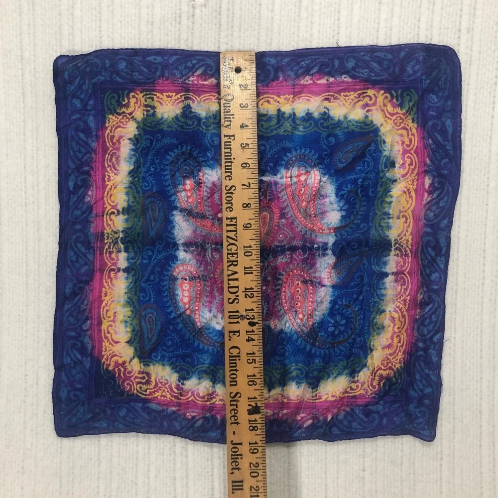 Vintage Hand Woven 100% Pure Silk Paisley Tie Dye Square Scarf Blue Pink 20x20